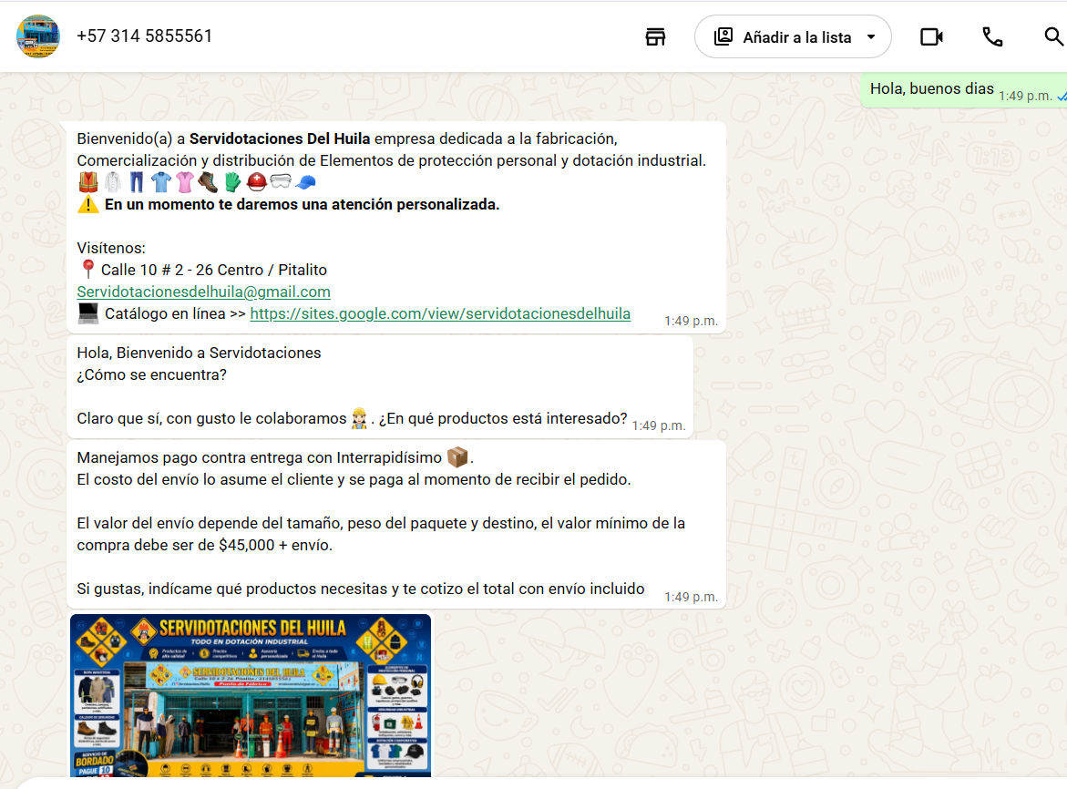 Captura aportada por el usuario: respuesta actual de WhatsApp con bienvenida, catálogo y condiciones de envío