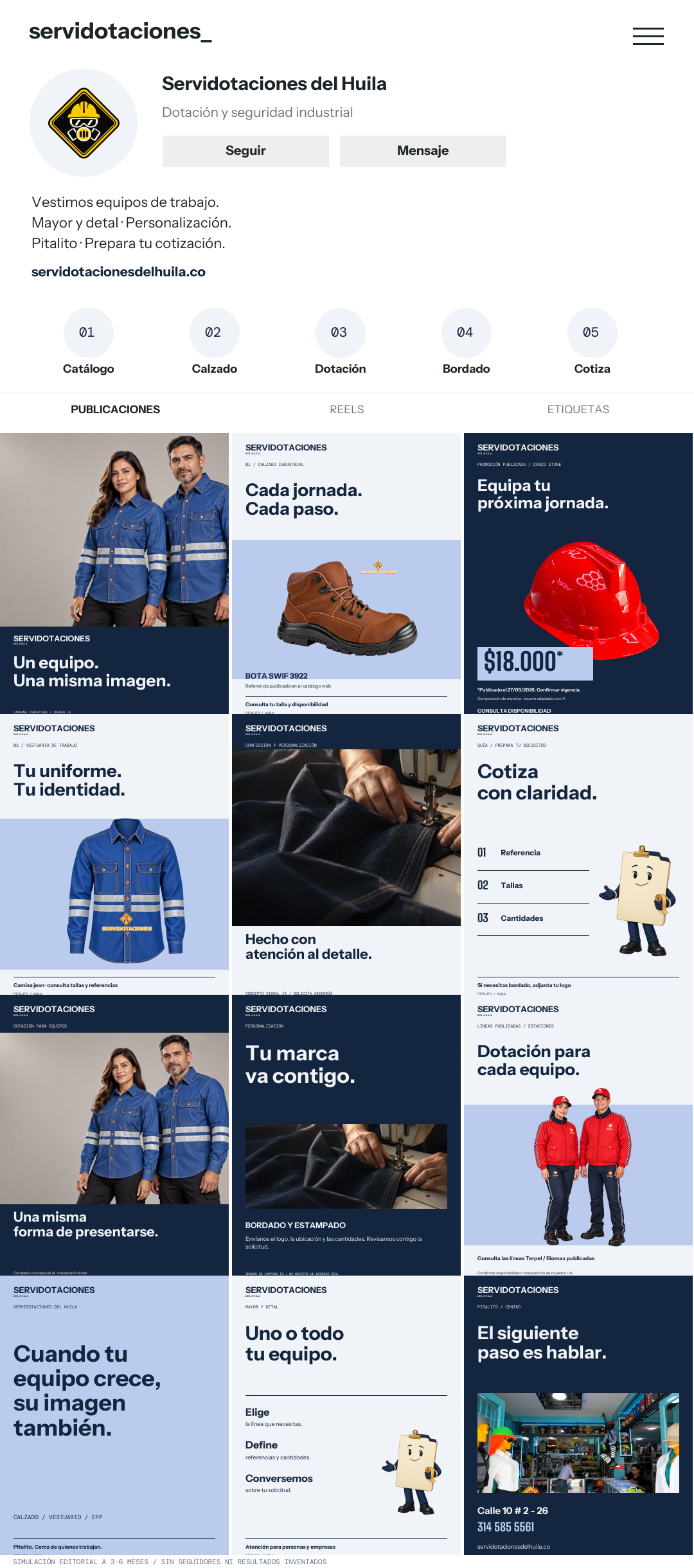 Simulación de Instagram: Equipo corporativo, doce publicaciones